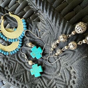 Southwestern Bohemian Earrings Set, 3 pairs, turquoise, gold & silver filigree